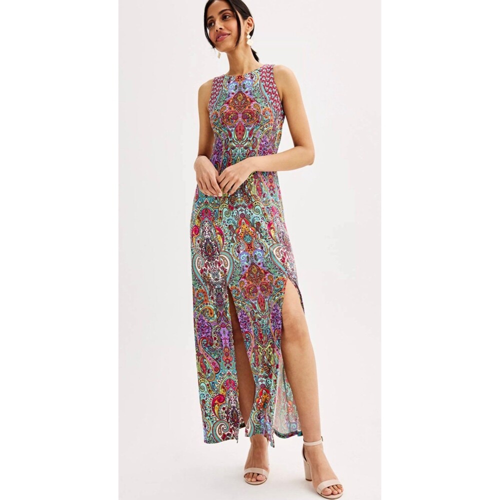 NWT London Times Women's Paisley Print Maxi Dress with High Slit